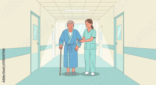 Hospital Corridor Illustration: Nurse Assisting Senior Patient Towards Examination Room