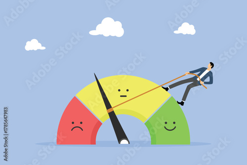 Performance rating or customer feedback, credit score or satisfaction measurement, quality control or improvement concept, strong businessman pull the string to make rating gauge to be excellent.