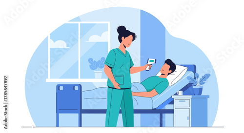 Hospital Nurse Checks Patient Temperature with a Digital Thermometer in the Hospital