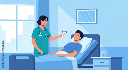Hospital Scene Depicting Patient's Care and Doctor Taking Temperature Examination