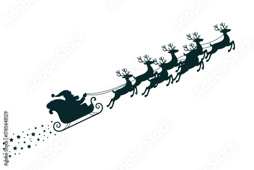 Santa Claus travels across the night sky in his sleigh pulled by a team of reindeer.