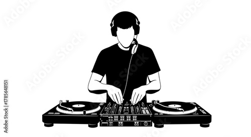 Dynamic DJ mixing beats with headphones on at turntable station