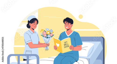 Hospital Scene Depicts Nurse Giving Flowers To Patient With Get Well Soon Card