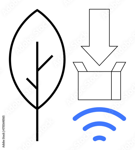 Leaf signifying nature, down arrow entering a box for packaging or data storage and blue wireless signal. Ideal for eco-tech, innovation, e-commerce, technology, sustainability, communication
