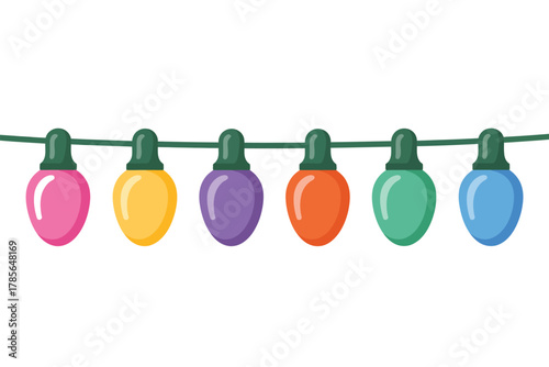 A string of colorful holiday lights hangs against a white background.