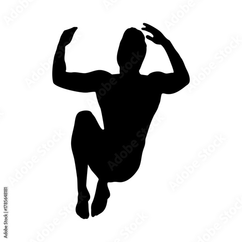Black silhouette of an athletic man jumping or floating isolated.
Vector illustration of a male figure falling or diving with arms raised.
Isolated black shape of human body levitating in zero gravity