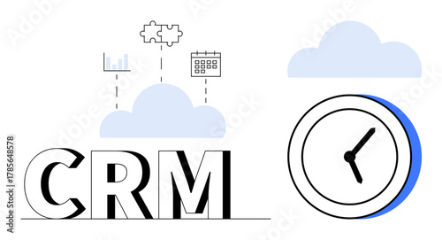 CRM text alongside cloud, clock, chart, puzzle, and calendar, conveying time management and cloud connectivity. Ideal for productivity, organization, teamwork cloud service scheduling business