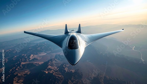 Futuristic Drone Flying Above Desert Landscape with Aviation Technology, and Sunset Aerial View.