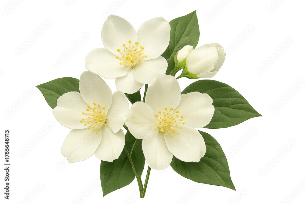 Obraz premium Jasmine flowers with green leaves and a budding flower on transparent background symbolizing purity and freshness