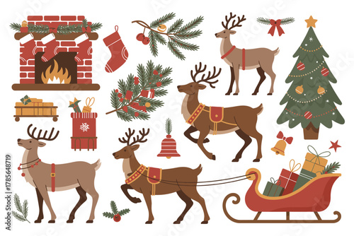 A festive collection of Christmas elements including reindeer, a sleigh, a decorated tree, and a fireplace is depicted.