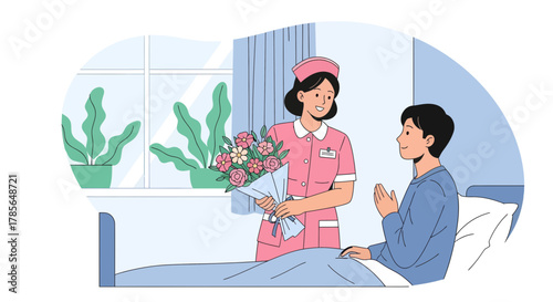 Kind Nurse Offering Flowers To Patient, Promoting Comfort And Recovery In Hospital Environment