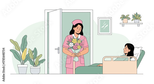Kind Nurse Offering Flowers to Patient in Hospital Room for Quick Recovery