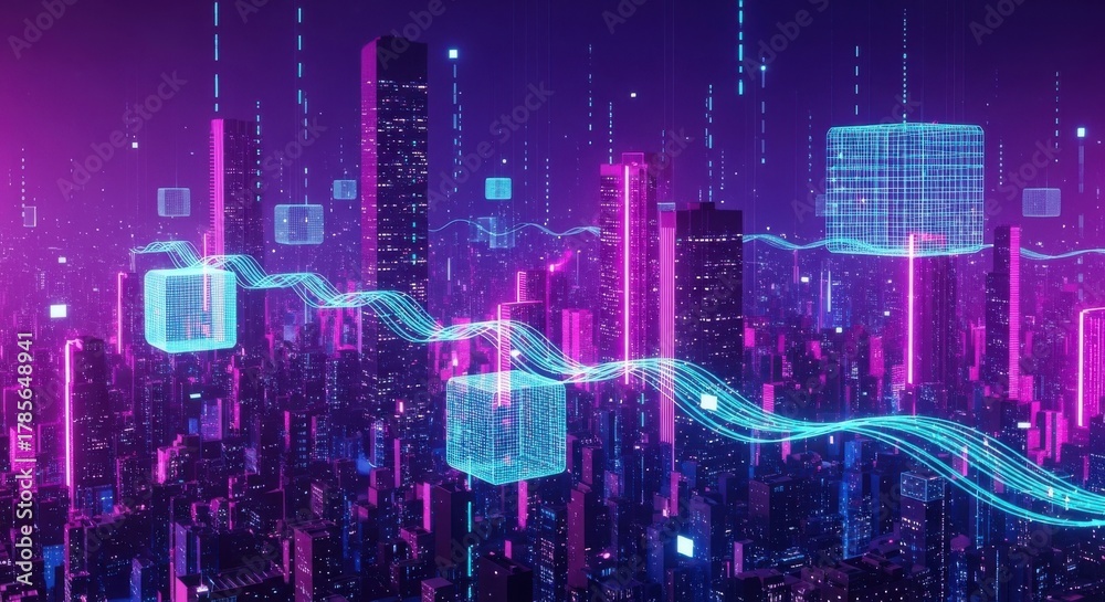 Fototapeta premium Futuristic cityscape with neon lights and digital elements during night time