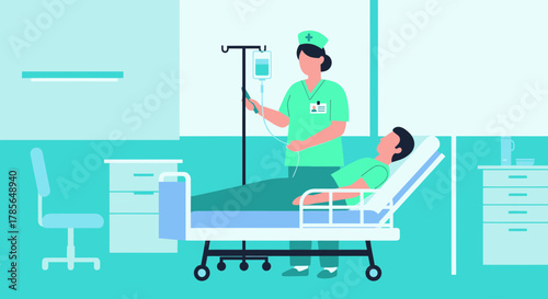 Medical Care Illustration Depicting Nurse Attending To Patient Undergoing Treatment in Hospital
