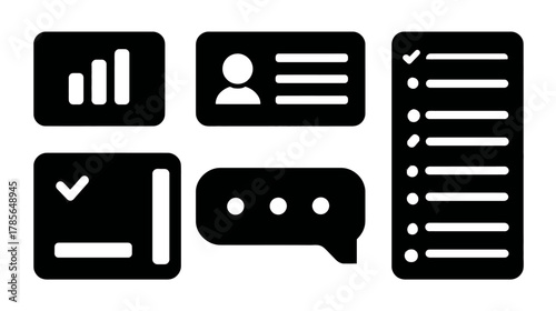 Modern digital business and technology vector icons for data analysis, user profiles, communication, productivity, and software development.