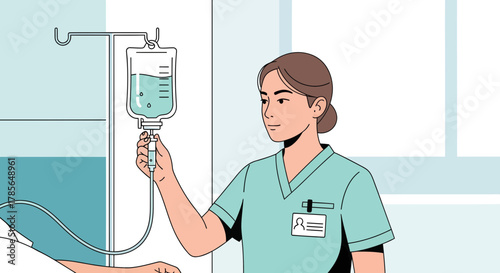 Medical Care Professional Administering Intravenous Fluid to Patient in Hospital Setting