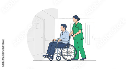 Medical Care Professional Assisting Patient Using Wheelchair In Clinical Environment