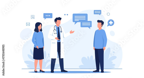 Medical Consultation Illustration: A Doctor Explains Diagnosis To Patients In A Clinic Setting