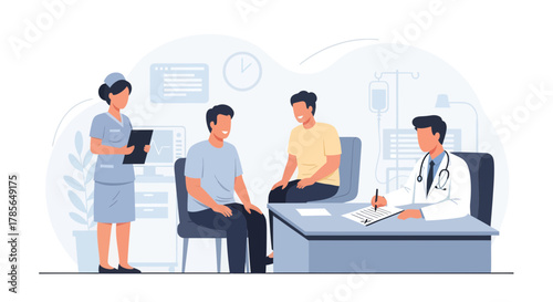 Medical Consultation Illustration Depicting Healthcare Interaction Between Patients And Doctor