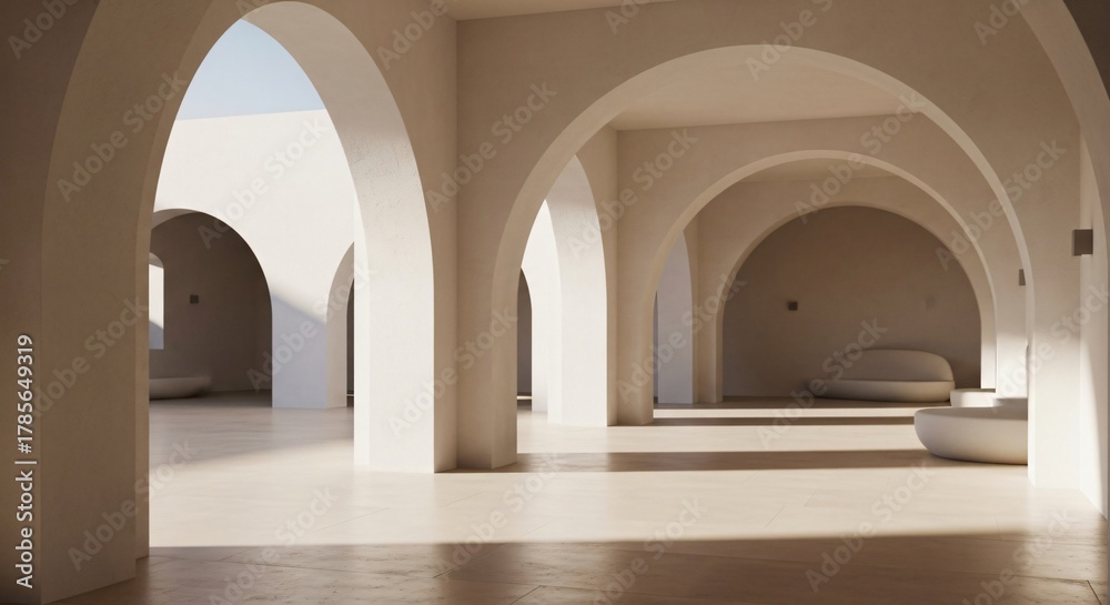 Fototapeta premium A sunlit interior courtyard featuring continuous arches minimalist benches and bright empty spaces