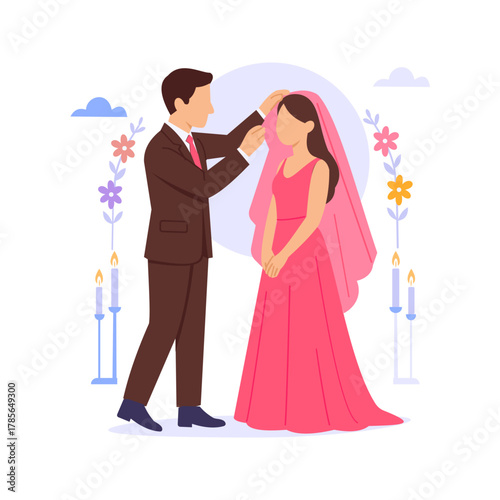 Adjusting Veil, bride arranging her wedding veil gracefully