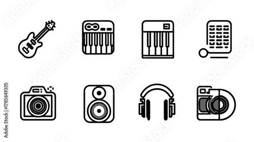 Music Production, Photography, and Audio Equipment Outline Icons Set