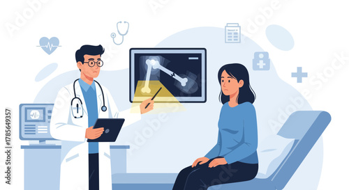 Medical Diagnosis Illustration: Doctor Explaining X-ray Results to Patient in a Clinic