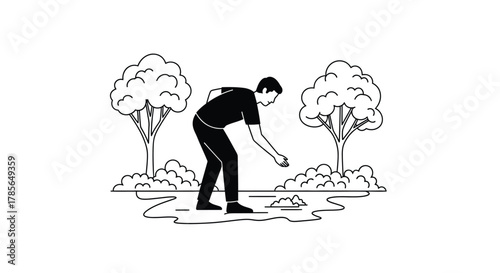 Curious man exploring nature, observing puddle in serene park setting