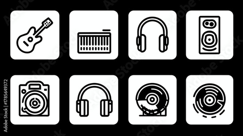 Vector set of music, audio and sound production line icons. Includes guitar, headphones, speaker, keyboard, and DJ turntable.