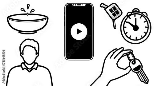 Set of essential line art icons for daily life, including a person, smartphone, car key, alarm clock, and bowl with water