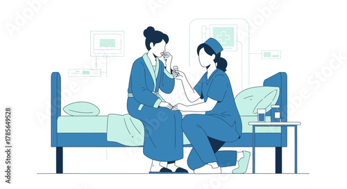 Medical Illustration Depicting a Nurse Administering Medication to a Patient in a Hospital Room