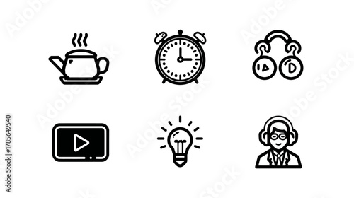 Modern Vector Line Icons Set: Tea, Time, Workflow, Video Player, Idea Bulb, and Customer Service Support Symbols