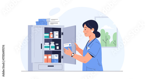 Medical Professional Accessing Hospital Pharmacy Cabinet to Find Medications for Patient Care