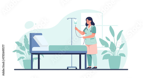 Medical Professional Adjusting IV Drip System Near a Hospital Bed, Healthcare Illustration