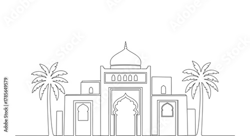 Stunning desert oasis palace with palm trees, elegant Islamic architecture