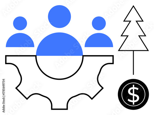 People figures on a gear symbolizing teamwork and efficiency, next to a tree and dollar sign reflecting sustainability, growth, and financial success. Ideal for teamwork, environment, economy