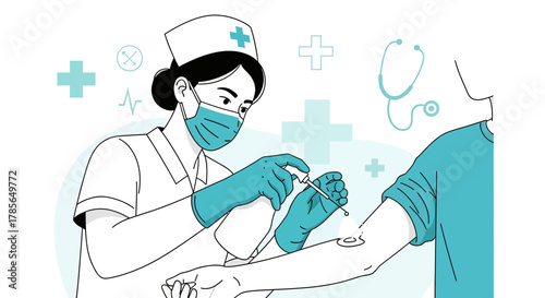 Medical Professional Administering Injection Illustration Featuring Nurse and Patient in Vector
