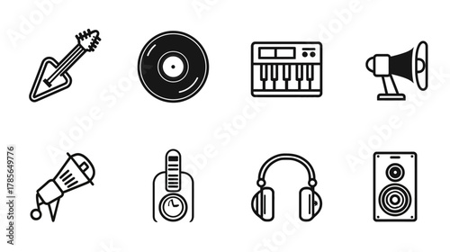 Music and audio equipment vector icons set. Guitar, vinyl record, synthesizer, microphone, speaker, headphones, megaphone, mixer.