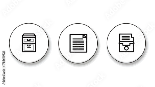 Set of three outline icons for document management, file organization, and office administration. Digital archive symbols.