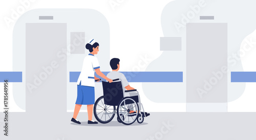 Medical Professional Carefully Assisting Patient in Wheelchair Towards Hospital Elevators