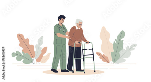 Medical Professional Carefully Assisting Elderly Person With Walking Assistance Equipment