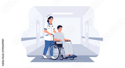 Medical Professional Cares For Patient, Providing Hospital Assistance and Support In a Corridor