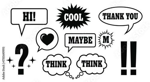 Cartoon speech bubbles with expressions hi cool thank you and more