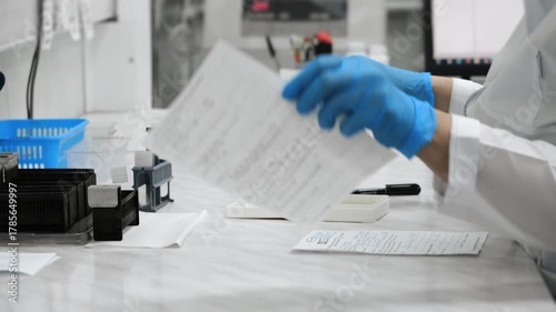 Close up of medical lab technician organizing and labeling microscope slides for testing in modern clinical laboratory under bright sterile conditions.