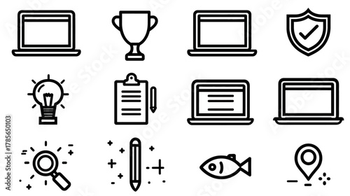 Diverse outline vector icon set for digital design. Includes laptop, trophy, shield, lightbulb, clipboard, search, pencil, fish, and location pin.