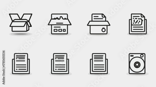 Vector line icons set for document management, data security, paper shredding, digital files, physical documents, storage, archive, and disc media.