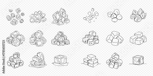 Hand-drawn sketch illustrations of various ice forms, including irregular chunks, rounded pieces, and cubes, some melting.