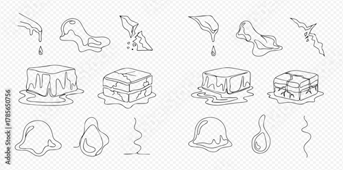Set of line art illustrations depicting melting ice, ice cubes, water droplets, and liquid forms.