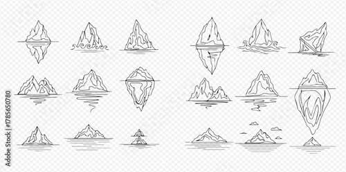 Hand drawn sketch set of icebergs and mountains with reflections in water, illustrating various shapes and sizes of icy peaks.