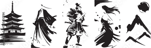 Zen Brush Stroke Art Depicting Japanese Culture with Samurai Pagoda and Mountain